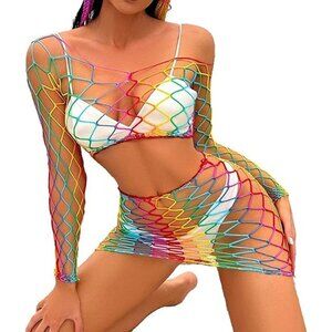 𝅺🌈 Rainbow Fishnet Stockings Mesh Lingerie Bodysuit BDSM Bondage Cosplay NWT